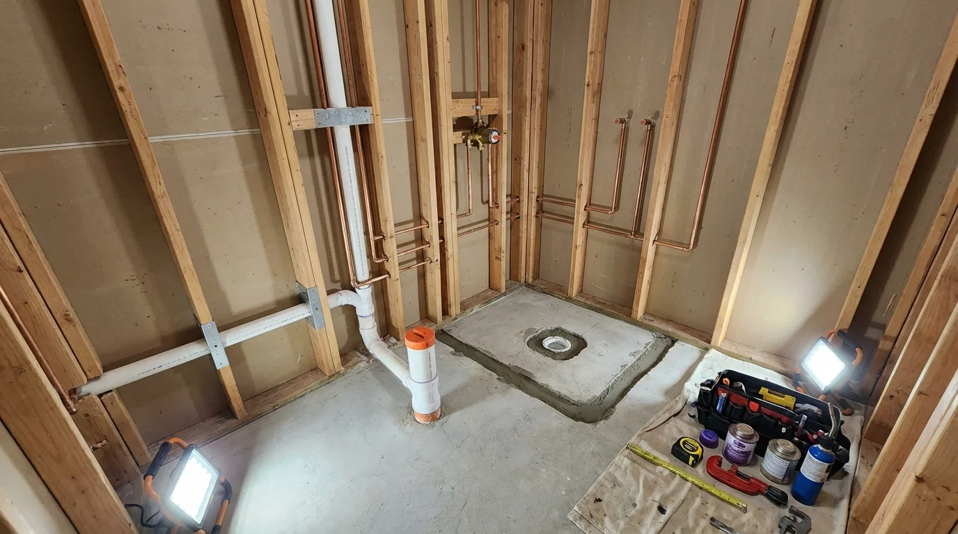 Bathroom rough-in plumbing during remodel by Johns Plumbing LLC in Lithia Springs