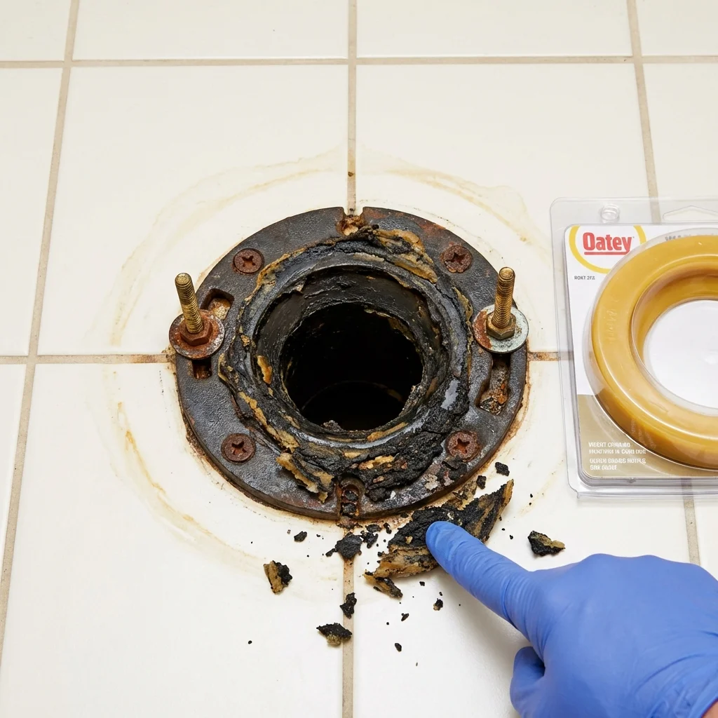 Failed wax ring showing water seepage at the base of a toilet in a Lithia Springs, GA home