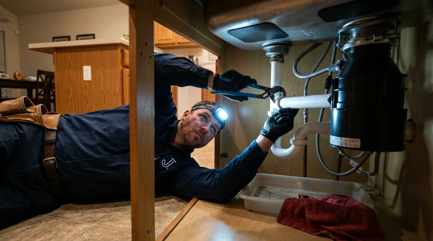 P-trap and supply line connections under a kitchen sink showing a common leak point in Lithia Springs, GA